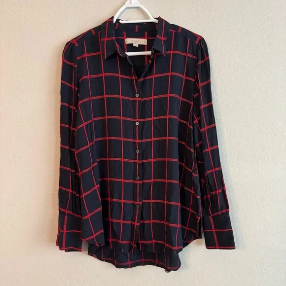 LOFT Navy and Red Plaid Button Down Shirt Large - Picture 2 of 5